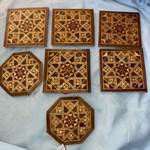 Set Lot Of 7 Wood Coasters With Design - £4.54 GBP