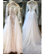 Long Sleeves Light Blush V Back Wedding Dress Bridal Gown  - £175.05 GBP