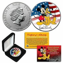 2020 Nzm Nieu 1 Oz Silver Mickey Mouse &amp; Pluto Usa Flag Disney Signature Coin - £67.45 GBP