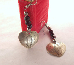Silver Pierced Heart Earrings Engraved Etched Dangling Hearts with Beads Jewelry - £14.15 GBP