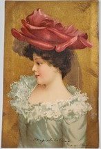 Lovely Lady Large Red Hat Mint Green Dress Shimmering Golden Finish Postcard E30 - £6.35 GBP