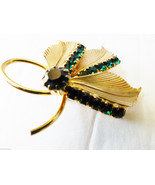 VTG Retro gold toneemerald green color crystal three leaf  pin brooch - £22.68 GBP