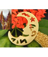 Crescent Man In The Moon Brooch Pin Smiling Face Gold Tone Large - $19.95