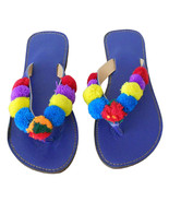 Women Slippers Traditional Indian Handmade Leather Flip-Flops Blue Flats... - £34.57 GBP