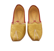 Men Shoes Indian Handmade Leather Loafers Traditional Golden Wedding Mojari US 9 - £46.29 GBP