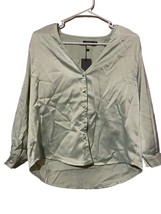 Nasty Gal Satin Puff Sleeve Button Down Blouse Shirt Sz 8 M Pistachio Green NWT - £17.36 GBP