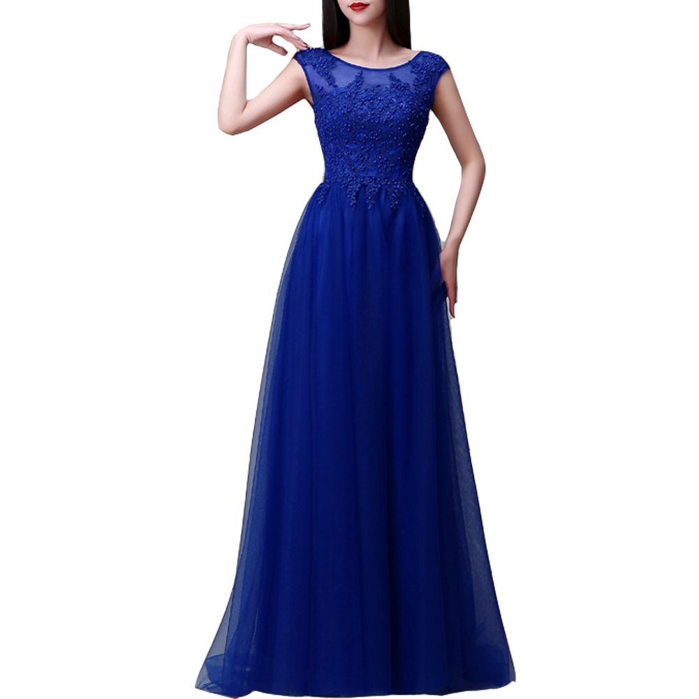 Kivary Tulle A Line Cap Sleeves Sheer Lace Appliques Corset Long Prom Evening Dr