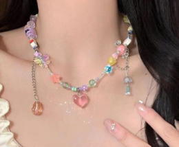 New Dopamine colorful beaded love pendant necklace Sweet cute butterfly ... - $27.89 CAD