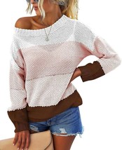 Women&#39;s Casual Striped Color Block Knit Sweater Long Sleeve Crew (Pink,Size:L) - £19.32 GBP