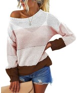Women&#39;s Casual Striped Color Block Knit Sweater Long Sleeve Crew (Pink,S... - £19.10 GBP