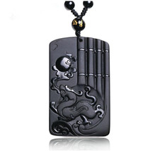 natural Obsidian stone Hand carved Chinese dragon pendant necklace - £15.91 GBP