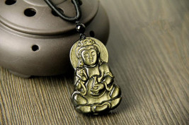 natural Gold Obsidian stone Hand carved  guanyin buddha yoga charm pendant - £29.36 GBP
