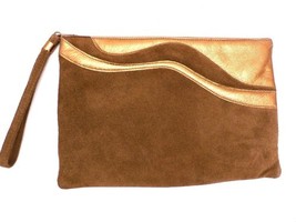 Vintage Ruth Saltz Brown Suede Metallic Clutch Purse 1980S - $39.43