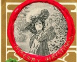 Vtg Unused Christmas Postcard A Merry Christmas Gilt Embossed Holly Wind... - $7.98