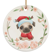 Cute Baby Pug Dog Lover Ornament Floral Wreath Christmas Gift Pine Tree Decor - £11.80 GBP