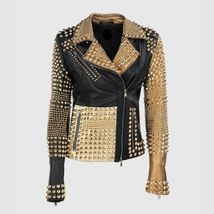 New Woman Philip Plein Golden Studded Black Biker Cowhide Leather Jacket... - £208.62 GBP