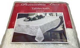 Damask Rectangular Tablecloth Poinsettia Lace  Christmas Ivory 60&quot; X 84&quot; Elegant - £23.52 GBP