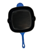 Blue Enameled Cast Iron Square Grill Pan 10.5” Ribbed Skillet Griddle He... - $23.51