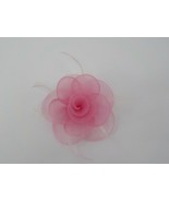 HAIR BARRETTE OR LAPEL PIN PINK FOLDED TULLE FLOWER W FEATHERS THREE DIM... - $12.99