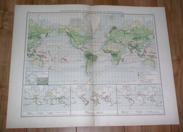 1899 ANTIQUE MAP OF THE WORLD VEGETATION OCEAN CURRENTS PLANTS AMERICA ASIA - $25.14