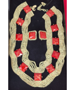Vintage Arnold Scaasi Gold Tone Collar Necklace &amp; Earrings Red Box Chain... - £156.48 GBP