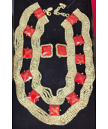 Vintage Arnold Scaasi Gold Tone Collar Necklace &amp; Earrings Red Box Chain... - £149.54 GBP