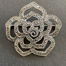 Vintage Sterling Silver  Marcasite Rose Flower Brooch Pin Marked FAS 925 - £21.41 GBP
