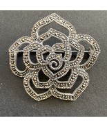 Vintage Sterling Silver  Marcasite Rose Flower Brooch Pin Marked FAS 925 - £21.26 GBP