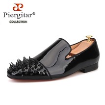 2019 new black patent leather men loafers with black long and short spikes toe fashion thumb200