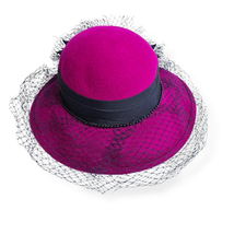 Hot Pink Fuchsia Hat Wide Brim Black Navy Trim Net 100% Wool Fancy Party... - $24.73