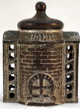 Antique Cast Iron Coin Bank Rounded Brick Building Some paint left - £36.23 GBP