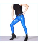 Slim Tight Glossy Stretch Blue Faux Latex Open Fly Zip Up Legging Pants - £75.46 GBP