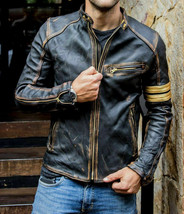 Men&#39;s Black Biker Vintage Motorcycle Distressed Cafe Racer Leather Jacket - £71.93 GBP