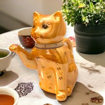 Vintage Maneki-Neko Golden Lusterware Ceramic &quot;Beckoning Cat&quot; Tea Pot Cr... - £14.60 GBP