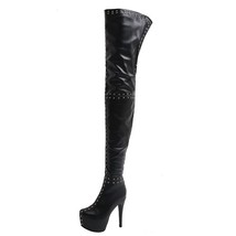 Sgesvier Women Thigh High Boots Sexy Studded Stiletto Heels Round Toe White Blac - £230.88 GBP