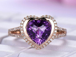 3Ct Heart Cut Purple Amethyst Engagement Ring 14k RoseGold Over Halo Split Shank - £82.21 GBP