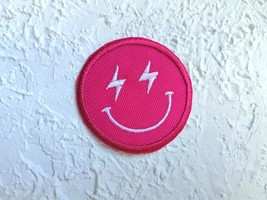 Embroidered Iron on Patch. Hot Pink Smiley Face patch. Lightning Bolt sm... - $5.00+