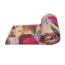Beige Floral Print Kantha Quilt Handmade Throw Reversible Blanket Bedspread Cott - £38.09 GBP+