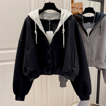 Neploe 2022 Fake Two Piece Hoodies Women Korean work Hooded Short Outwear Tops M - £96.64 GBP