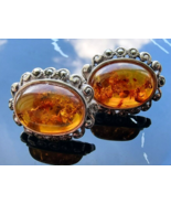 VINTAGE  GSJ  925 STERLING SILVER  BALTIC AMBER MARCASITE EARRINGS - $1,064.84 MXN