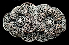 Vintage 3D Floral Full Bloom Figural Filigreed Silver Tone Metal Brooch ... - £38.87 GBP