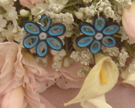 Paper Quilled Blue and Black Handcrafted Flower Earrings French Hook - £12.08 GBP