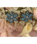 Paper Quilled Blue and Black Handcrafted Flower Earrings French Hook - £11.80 GBP