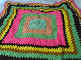 Handmade crocheted center square 60&quot; Afghan blanket throw pink green brown READ - £23.80 GBP