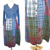 Vintage 90s Denim Flannel Plaid Patchwork Longsleeve Shirt Dress Grunge ... - £37.29 GBP