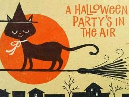Halloween Greeting Card Party Invite Black Cat With Witch Hat On Broom B... - $35.63