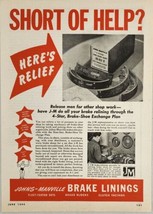 1944 Print Ad Johns-Manville Brake Linings 4-Star Brake Shoe Exchange  - £13.65 GBP