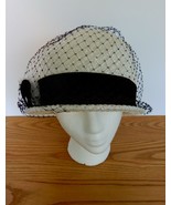 Vtg 40&#39;s Ladies bowler hat white cellophane straw w/ black netting &amp; acc... - $41.51 CAD