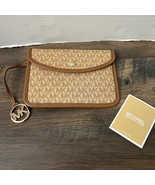 NWOT Michael Kors Wristlet Pouch Cream MK Logo Pattern Tan Trim Snap Clo... - $54.75 CAD