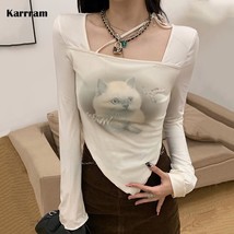 Karr Cat Printed Long Sleeve Crop Tops Women  Slim Square Collar  T-shirt Autumn - £62.61 GBP